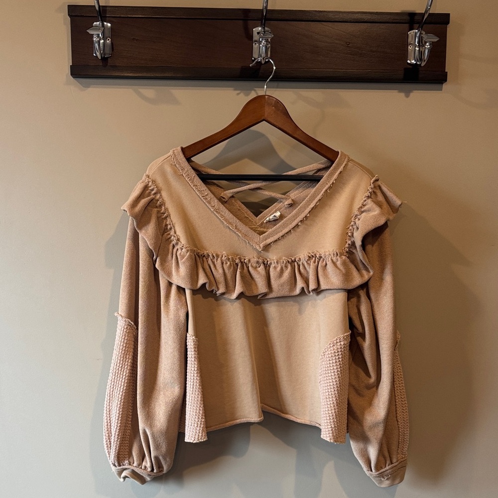 Women's Tan Ruffle V-Neck Top